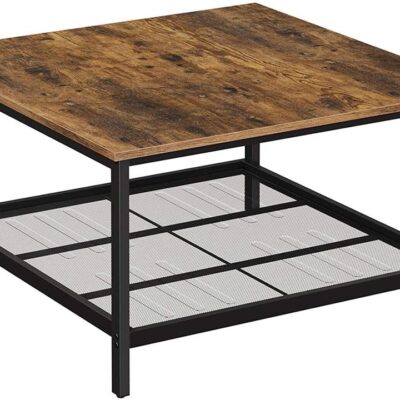 Robust Coffee Table Steel Frame and Mesh Storage Shelf, Rustic Brown and Black