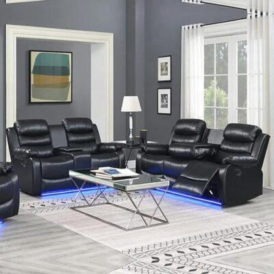 3-2 Seater Seater Finest Black Leatherette Recliner Feature Console LED Light Ultra Cushioned 3-2 Seater Seater Finest Black Leatherette Recliner Feature Console LED Light Ultra Cushioned