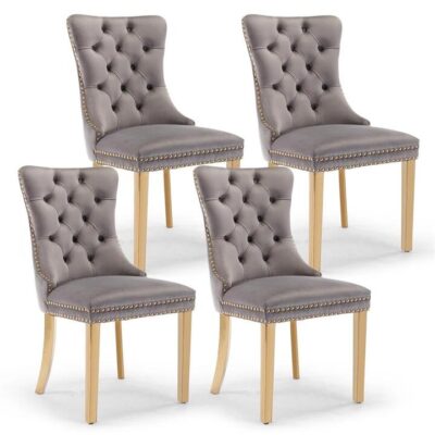 AADEN 4x Velvet Dining Chairs with Golden Metal Legs-Grey AADEN 4x Velvet Dining Chairs with Golden Metal Legs-Grey