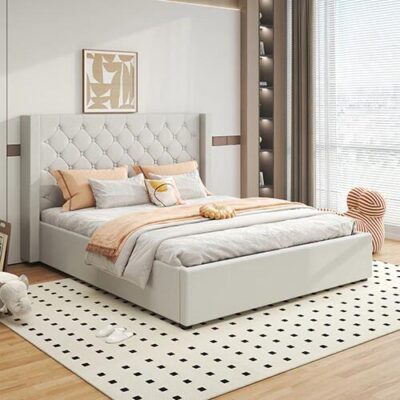 Veronica Bed Frame King Size Winged Grey Linen Fabric Seam Grid Pattern with gas lift plywood metal structure Veronica Bed Frame King Size Winged Grey Linen Fabric Seam Grid Pattern with gas lift plywood metal structure