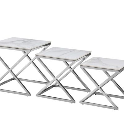 Bella Set of 3 Silver Side Table - White Marble