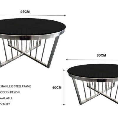 Salina Coffee Table 80cm Silver Base - Black Glass
