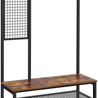 Coat Rack Stand Industrial Style with Grid Wall and Shoe storage 185 cm Tall Rustic Brown