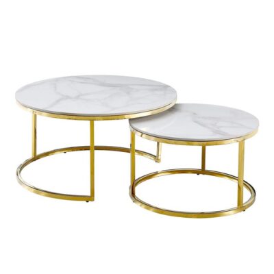 Nesting Style Coffee Table - White on Gold Stainless Steel - 80cm/60cm