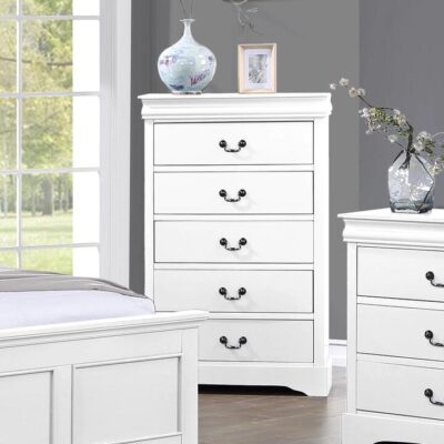 Tallboy with 5 Storage Drawers in Solid Wooden Metal Handles White Colour
