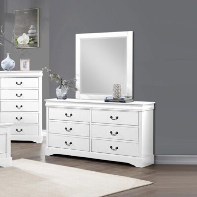 Dressing Chest with 6 Storage Drawers in Solid Wooden Mirror Metal Handles White Colour