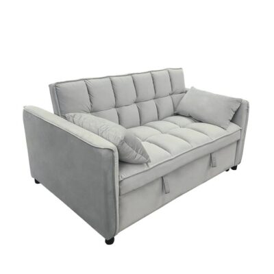 Sarantino Quincy 2-Seater Velvet Sofa Bed in Light Grey with Wooden Frame and Tufted Design