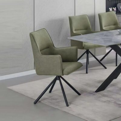 Dining Chair Green Linen Fabric Upholstered Seat Powder Coated Iron Legs