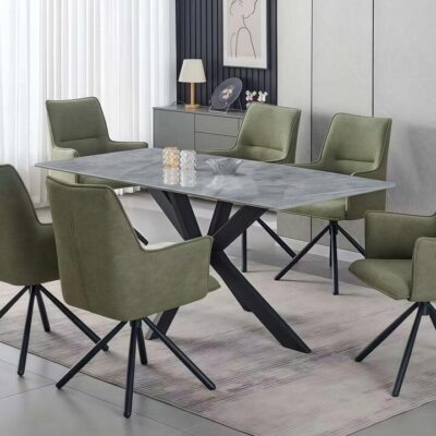 Dining Table Rectangular Shape Grey Sintered Stone Top Powder Coated Iron Legs