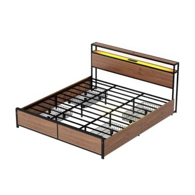 Artiss Metal Bed Frame King Size with 2-Tier Storage Headboard Metal Platform with 4 Storage Drawers Built in Charging Station & LED Noise-Free/Metal