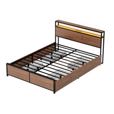 Artiss Metal Bed Frame Queen Size with 2-Tier Storage Headboard Metal Platform with 4 Storage Drawers Built in Charging Station & LED Noise-Free/Metal