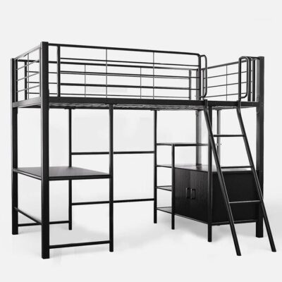 Gaming Loft Bed with Desk and Storage Cabinet, Steel Metal Frame, Space Saving Design, for Single Mattress, Matte Dark Grey