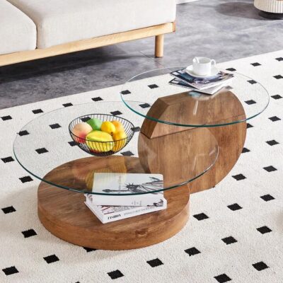 'MINORI' Double Layer Clear Tempered Glass Dark Wood Grain Coffee Table