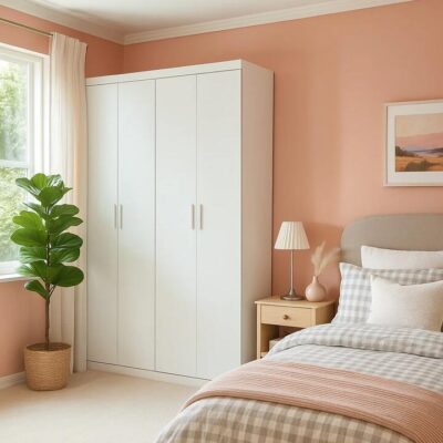 4 Door Wardrobe in White Gloss – Hanging Rail, Shelves & White Handles