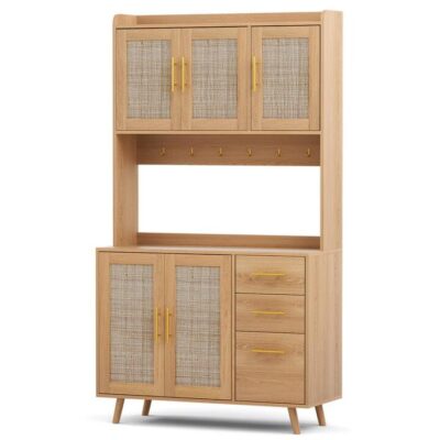 Artiss Buffet Sideboard Hutch Storage Cabinet Kitchen Cupboard Hooks Rattan Pine