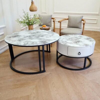 Snowy Mountain Faux Modern Marble Slate Nesting Coffee Table Set Leather Wrapped Wood Drawers Snowy Mountain Faux Modern Marble Slate Nesting Coffee Table Set Leather Wrapped Wood Drawers