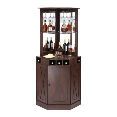 VEVOR Corner Industrial Bar Cabinet, Wine Table for Liquor & Glasses, Sideboard Buffet Cabinet with Glass Holder, Freestanding Farmhouse Wood Coffee B